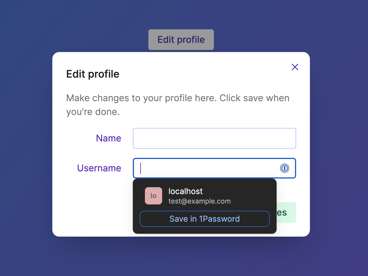 Ariakit Dialog inspired by Radix UI with keyboard focus on the username input showing the 1Password popup